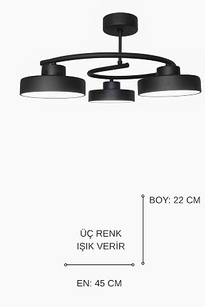 Dönence Led Siyah Renk Modern Tasarım Enerji Tasarruflu Üç Renk Işık Ledli Dekoratif Avize Salon Yemek Odası [Enerji Sınıfı A++]