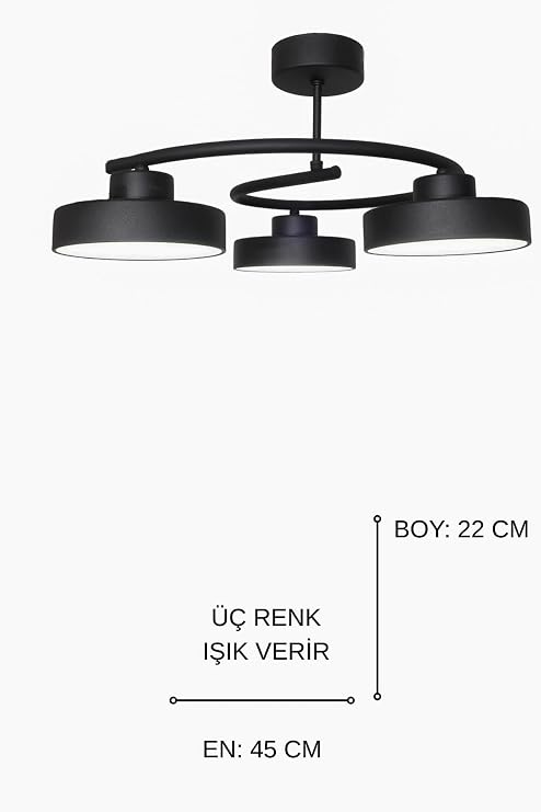 Dönence Led Siyah Renk Modern Tasarım Enerji Tasarruflu Üç Renk Işık Ledli Dekoratif Avize Salon Yemek Odası [Enerji Sınıfı A++]