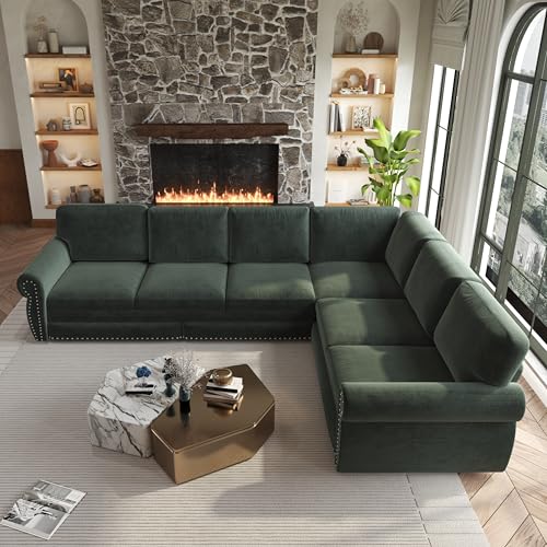 Image of KEIKI Chesterfield Couches 118 inch L-Shaped Sectional with Pull Out Sofa Bed, Rolled Arm Upholstered Sofa 6 Seater Couch for Living Room Apartment Office, Green