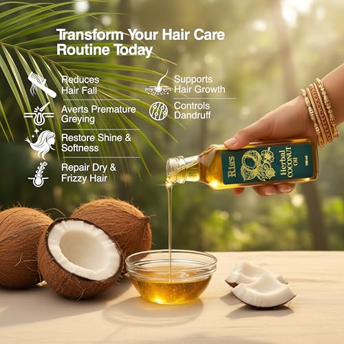 Image of Ria's 9 Herbs Hair Oil for Hair Growth & Hair Fall Control | Handmade Oil with Coconut Milk, Curry Leaf & Amla | For Dry, Damaged, Frizzy Hair | 100% Pure & Natural, Restores Shine | Men & Women-100ml