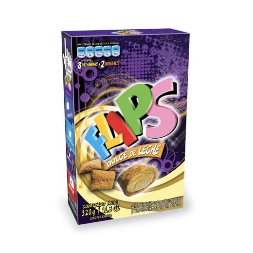 FLIPS DULCE DE LECHE Venezuela. Caja 320 gr / 11.3 oz. Cereal a base de arroz, trigo y avena en forma de almohaditas, con delicioso relleno sabor a dulce de leche