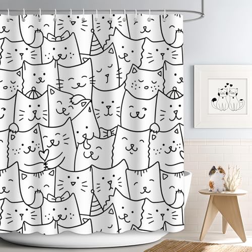APROPHIC Duschvorhang Katze 180x180 Schwarz Weiß Niedliche Katze Bad Vorhang Spaß Badezimmer Dekor Bauernhaus Polyester Kunst Badezimmer Badewanne Vorhang mit 12 Haken