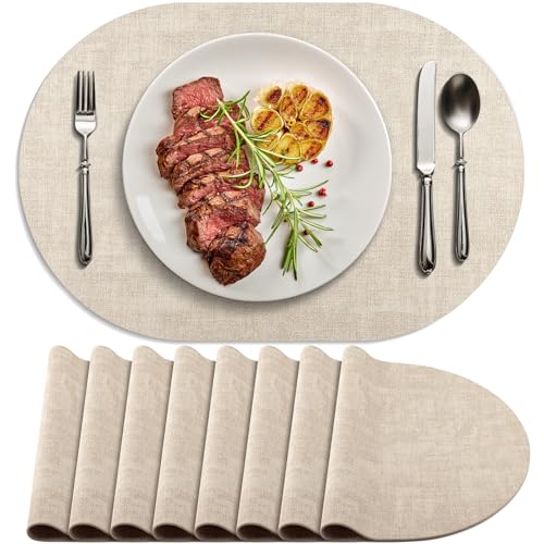 BARTHKIT Placemats for Dining Table Set of 8 Non-Slip, Heat Resistant Oval Leather Placemat Double Layer, Waterproof Table Mats Easy to Clean for Kitchen Dining Room Coffee Office Table, Beige