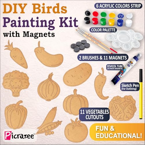 Image of Picrazee DIY Kit for Kids & Adults - Vegetable Fridge Magnet Painting Kit (11 Designs) | Ready-to-Paint 5.5 mm Thick Wooden DIY Craft Kit with Colors, Brushes & Magnets | Screen-Free Activity (Vegetables)