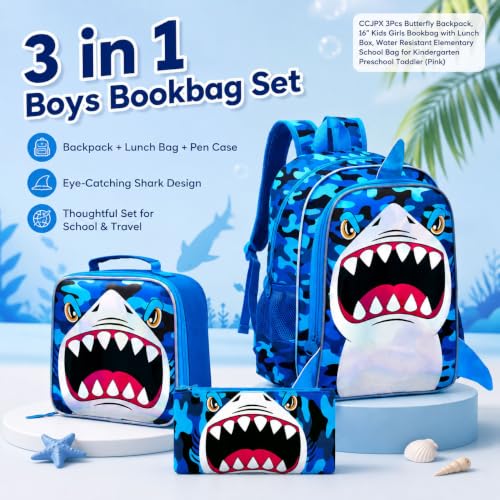 Image of 16 inch Shark Backpack for Boys, 3Pcs Kids Bookbag with Lunch Box, School Backpacks for Elementary Preschool Kindergarten (Blue)