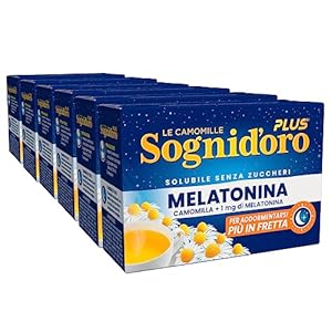 Sognioro Plus Camomille Soluble avec 1 mg de mélatonine sans sucre pour favoriser le sommeil – 6 paquets de 16 sachets