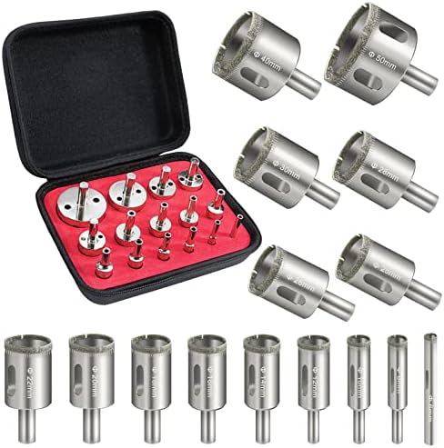 15PCS Diamond Hole Saw Kit 15 PCS Diamond Drill Bits 1/4 to 2 Inch Hollow Core Drill Bits for Drilling Glass, Stone, Porcelain, Ceramic Tile,Marble,Pots, Bottles,Father Day Gift for Men