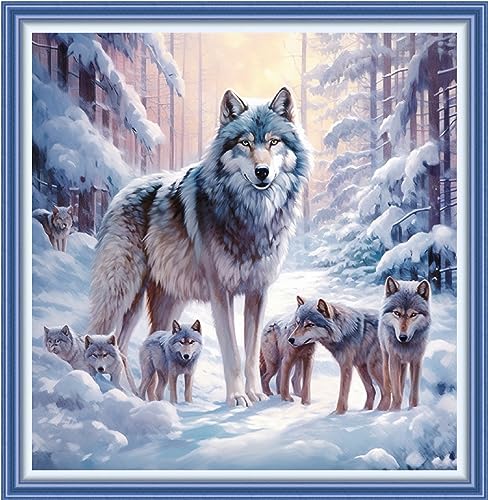 Image of Foxhool Beginners Cross Stitch Kits Stamped Full Range of Embroidery Kits for Adults DIY Cross Stitches kit Embroidery Patterns for Needlepoint kit-Snow Wolf 17.7x17.7 inch