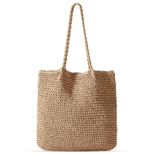 Image of Pleneal Straw Beach Bags for Women - Women Beach Handmade Woven Tote Bag, Summer Mesh Hollow Shoulder Bag for Holiday