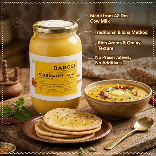Image of BAROSI A2 Desi Cow Ghee 1 Litre | Traditional Bilona Method | Curd Churned Danedar Ghee | Lab Tested | Grass-Fed Desi Cow | Pure, Natural, Aromatic | Shudh Cow Ghee | Glass Jar(1000ml)