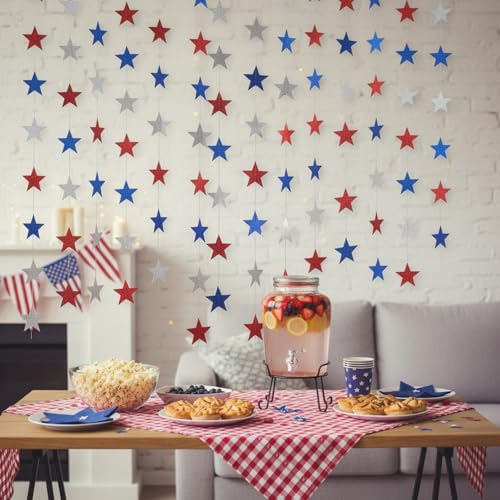 Image of Patelai 10 Pack Total 130ft Glitter Star Garland, Red Silver Blue Patriotic Streamers Bunting Banner for 4th of July Independence Day Decorations Memorial Veterans Day 250th Anniversary Party Supplies