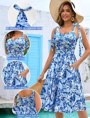 Image of Kranda Women 2026 Summer Casual Spaghetti Strap Sundress V Neck Sleeveless Flowy Boho Floral Midi Dress with Pockets