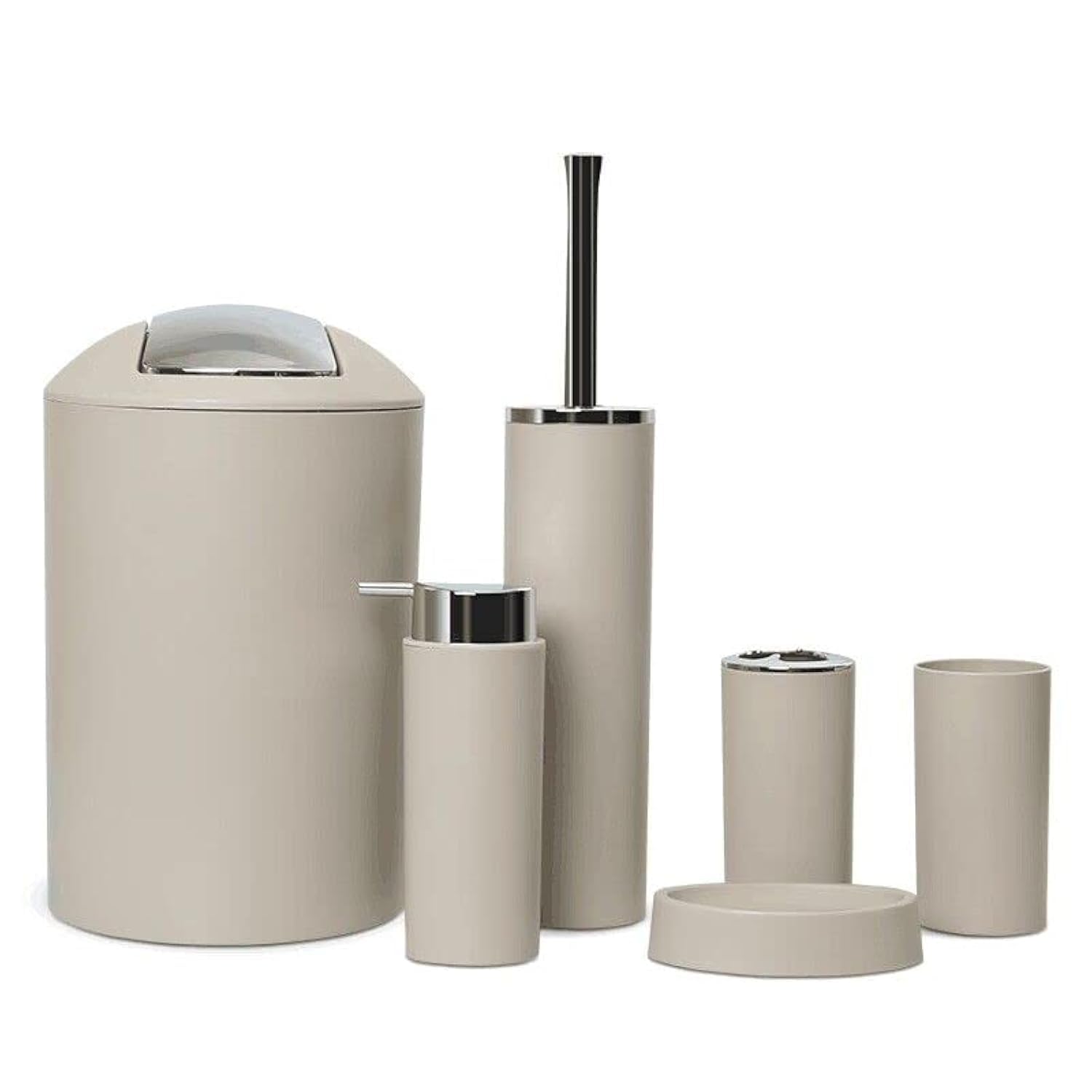Zalati - Set di 6 accessori per bagno - Flacone per lozione, porta spazzolino, bicchiere per denti, vassoio per sapone, spazzolino per WC, pattumiera - Beige