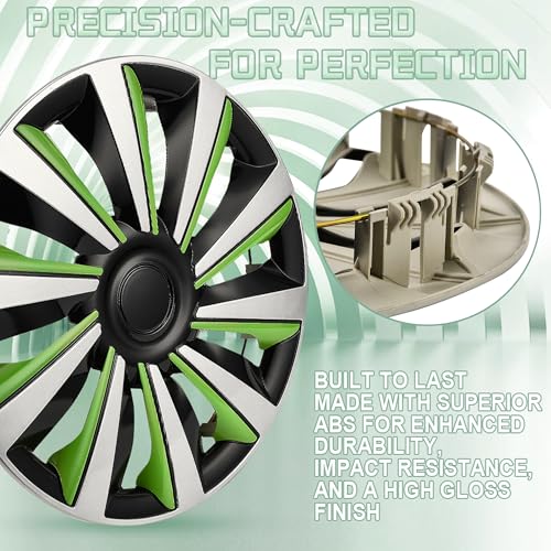 Image of Silver with Green Hubcap Wheel Cover Replacement Kit 13 inch Hub Caps Wheel Rim Cover Car Exterior Accessories Pack of 4, 13 Inches