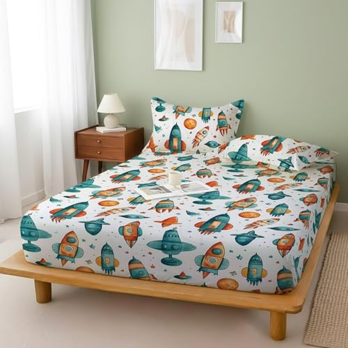 Image of 240 TC Cotton Feel Glace Cotton Elastic Fitted Printed King Size Double Bed Bedsheet with 2 Pillow Covers and Fits Upto 4-6 inches Mattress, Size- 72 inchx78 inch(Rocket)
