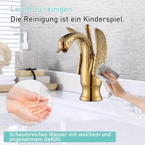 Suguword Gold Bad Wasserhahn Badarmatur Schwanenarmatur Waschtischarmatur mit Tierschwan-Design Waschbeckenarmatur Waschbecken Badezimmer Mischbatterie für Badezimmer Edelmetall Optik