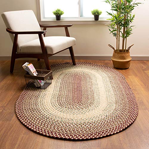 Super Area Rugs Ridgewood Farmhouse Braided Rug For Indoor Outdoor Patio/Porch Quick Dry Burgundy/Beige, 3' X 5' Oval #TOP1