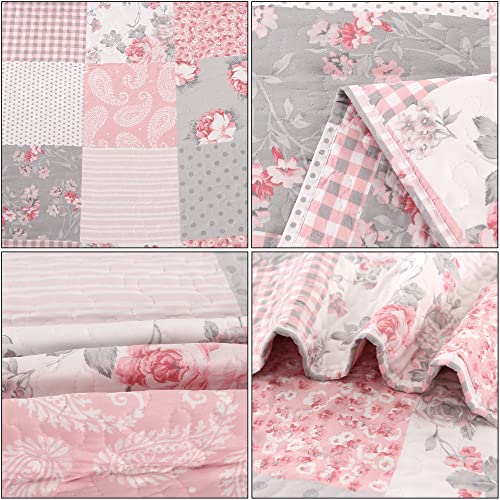 Pink Plaid Patchwork Quilt Set Full Queen Size Floral Rversible Quilted Bedspread Coverlet Set 3-Piece Grey Grid Flowers Lightweight Comforter Bedding Set Bed Sheet Cover Blanket With 2 Pillow Shams #TOP6