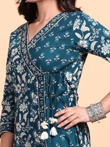Image of ishin Indigo Floral printed angrakha tie-up kurta with pants and printed dupatta | Kurta set for women | Kurta with trousers and dupatta