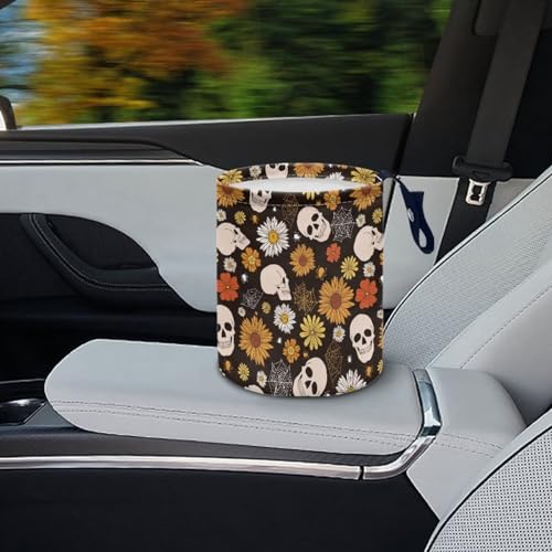 Image of Halloween Gothic Skull Car Trash Bag Portable Garbage Bin Hippie Daisy Retro for Car Front Seat, Back Seat, Floor, Easy to Clean Car Garbage Accessory Car Interior Decoration