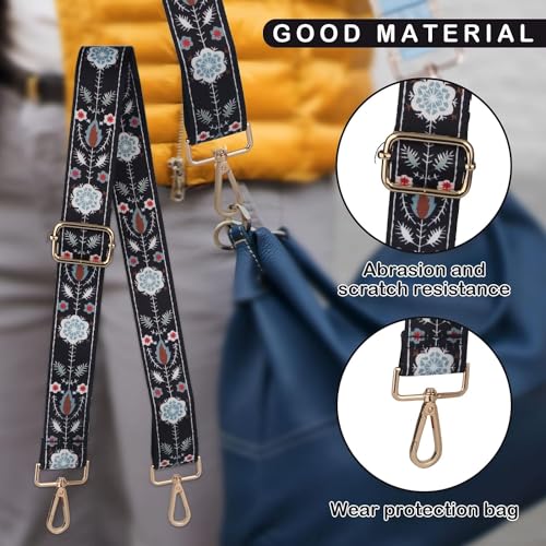 Image of Lyrovo Adjustable Purse Strap Replacement for Women, 1.5 inch Wide Crossbody Shoulder Strap Boho Handbag Strap(Flower Black)