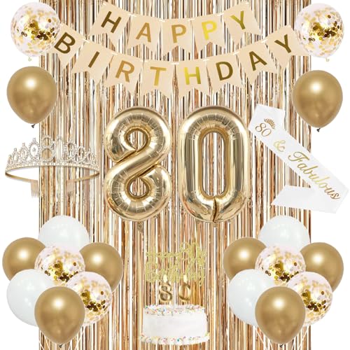 Image of Trgowaul 80th Birthday Decorations for Women, Banner, Sash and Crown, Cake Topper, 80 Number Balloon, Fringe Curtains, Champagne Gold 80th Birthday Party Supplies