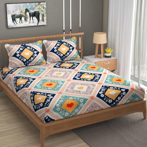 Image of KAWI Cotton Blend Elastic Fitted Bedsheet Queen Size Double Bed (78 inchX 72 inch) - Yellow Heart Print