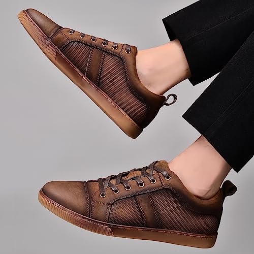 Image of Men's Casual Sneakers Fashion Oxford Sneaker Shoes Embossed Nubuck Brown Leather Daily Shoe for Men Size 7