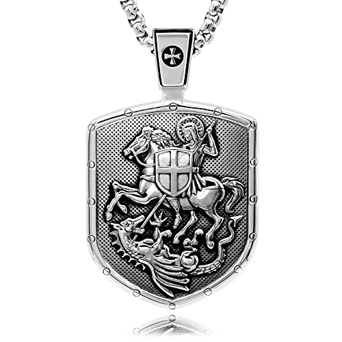 VENICEBEE Saint George Medal Cross Shield Protection St. George Slaying Dragon Solid 925 Sterling Silver Pendant with Venetian Link Necklace Chain Black Velvet Pouch Polishing Cloth Fine Jewelry Gift Box