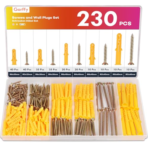 Gorffy 230 Stück Schrauben Dübel Set, 115 x Holzschrauben und 115 x Spreizdübel, M3/M4/M5/M6/M8 Dübel Schrauben Set, Schrauben und Dübel Set für Ziegelsteinen, Wand Befestigung