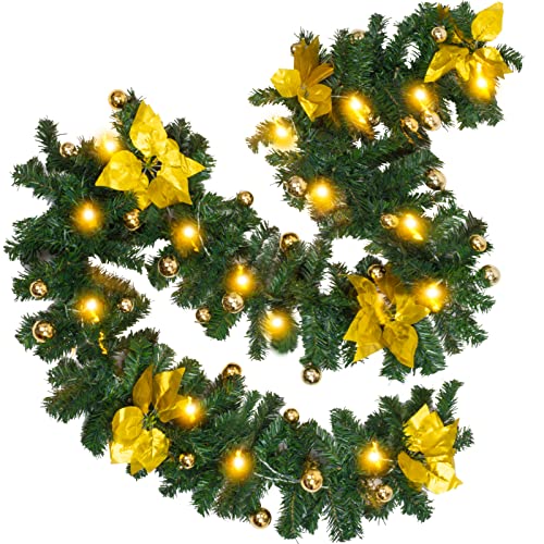 270 cm Weihnachtsgirlande mit 100 Lichtern, künstliche Weihnachtsgirlande, batteriebetrieben, Weihnachtsgirlande, Kränze, Grün mit Tannenzapfen, rote Beere, Innen- und Außenbereich, Kamin Cover
