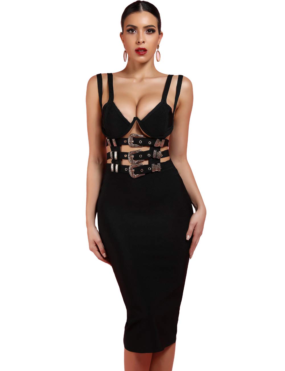 Whoinshop Women's Chic Cut Out Strappy Bodycon Bandage Party Midi Dress with Belt Black M