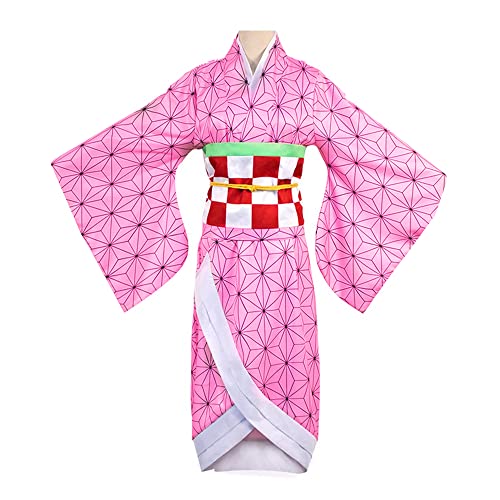 Womens Kamado Cosplay Costume Set Kimono (Pink+Wig, S)
