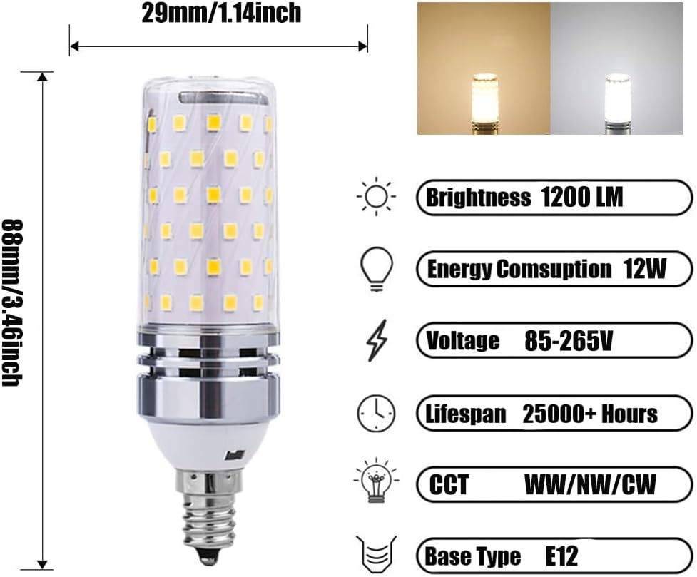 KLED 4Pack 12W LED Corn Light Bulb, Mini Corn Bulb, 100 Watt Equivalent, Daylight White 4500K, 1100LM E26 Base, for Garage, Living Room, Studio, Office (4500K-Daylight White, E12 Base)