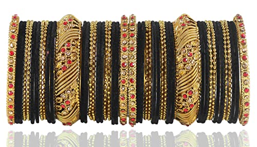 Image of NMII Metal with Zircon Gemstone and Beads Studded Ball Chain Linked Glossy Finished Velvet Bangles Chuda set for Women and Girls