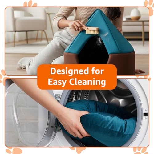 Image of Amazon Basics Pet Bed Cave | Soft & Warm Indoor Tent Bed for Cats, Kittens & Small Dogs | Foldable with Removable Cushion | Light Blue & Coffee | Diameter 45 cm, Height 45 cm