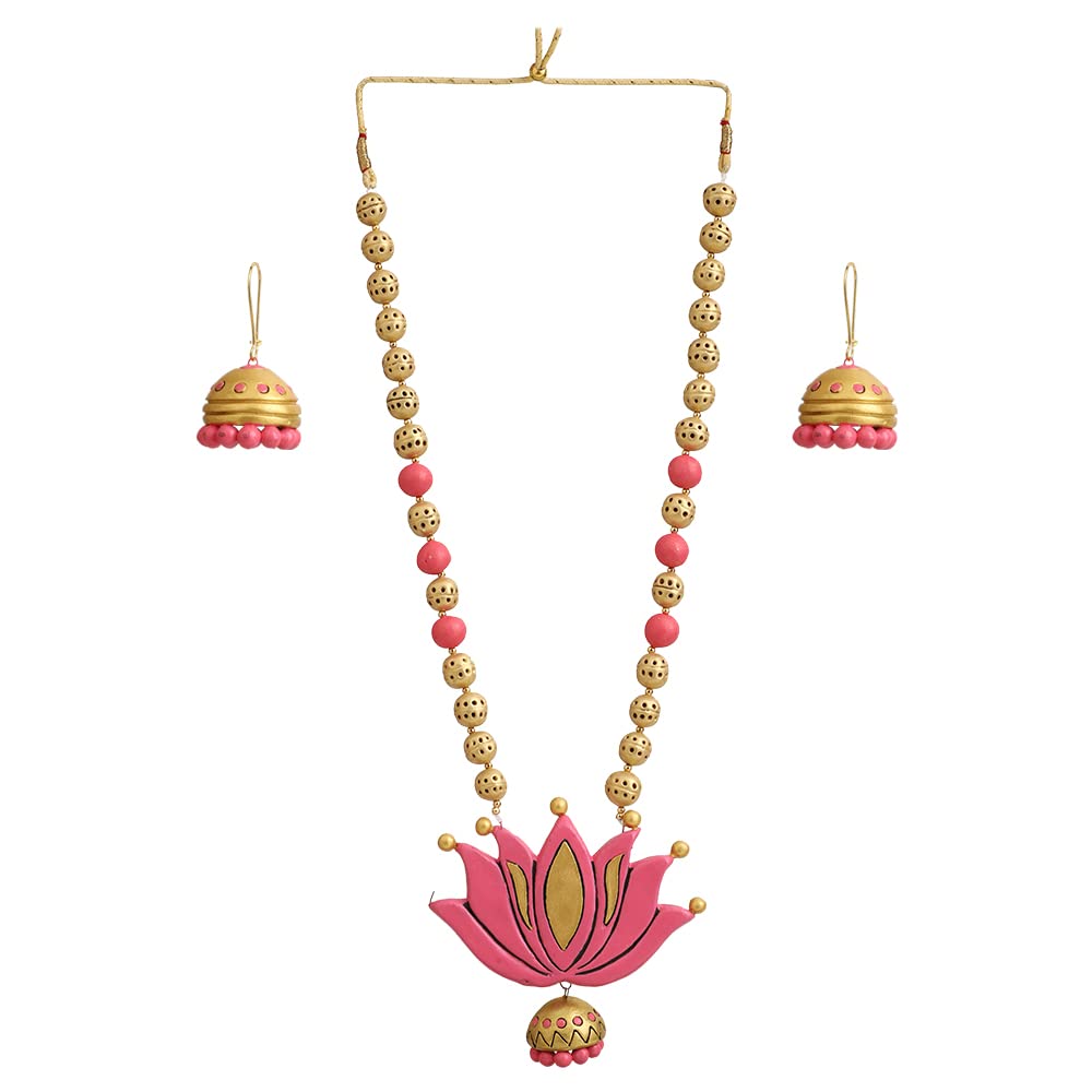Le bijouxistic Lotus Design Terracotta Necklace Earring set in pink and gold colour for casual and formal occassion for women and girls | Sylish Necklace Jewellery Set (B0B9L8TF8C) Amazon Price History, Amazon Price Tracker