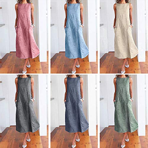 Vestido longo casual listrado de linho de algodão sem mangas Romacci, Preto, XXL