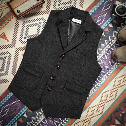 Men's Solid Color Lapel Single-Breasted Slim Pocket Herringbone Wool Tweed Vest3