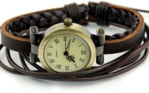 BroadfashionWomen's Retro Vintage Weave Wrap Brown Faux Leather Bracelet Quartz Wrist Watch