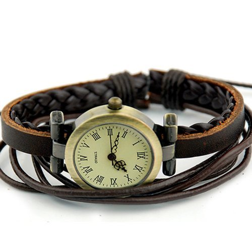 BroadfashionWomen's Retro Vintage Weave Wrap Brown Faux Leather Bracelet Quartz Wrist Watch
