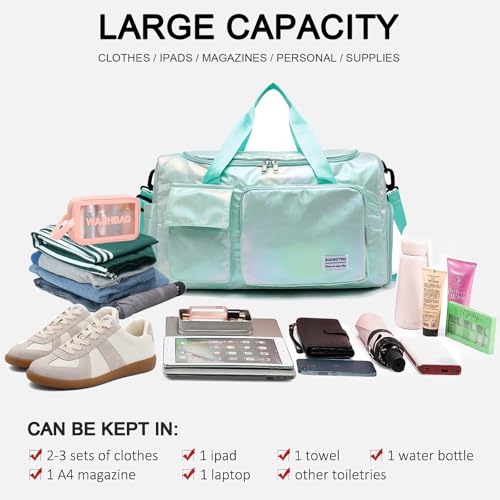 Image of BEULPTN Small Gym Bag for Women, Travel Duffel Bag Carry On Weekender Bag with Shoe Compartment, Z6#Green Shinny