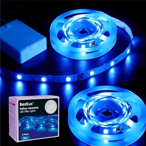 Image of BestLuz Battery Operated LED Strip Lights 2X 3.33ft Flexible Blue LED Light Strip for Bedroom Room Decor, Battery Powered Lighting for Cabinet Shelf Closet TV Backlight