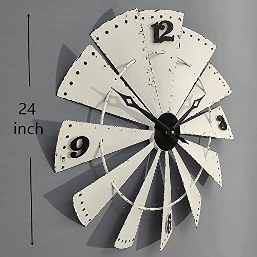 Mrocioa 24 Inch Large Wall Clock Metal Decorative Windmill Clocks White Farmhouse Decor For Living Room Outdoor Patio,Distressed, With Waterproof Movement Cover #TOP2