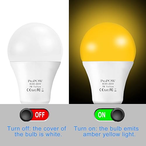 Miniatura 3 de Bombilla LED amarilla ámbar, bombillas de 7 W, equivalente a 40 W, A19, bombillas LED de encendidoapagado automático para exteriores, luces de