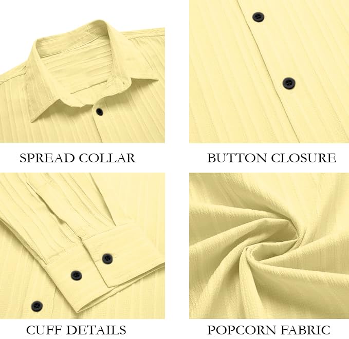 Image of FINIVO FASHION Men's Casual Cotton Plain Button Down Shirt Long Sleeve Textured Summer Beach Shirt for Men