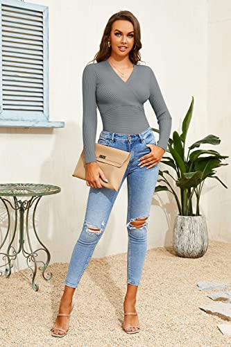 Image of Fangetey Womens Deep V Neck Sexy Wrap Sweater Long Sleeve Slim-Fitted Knitted Jumper Top