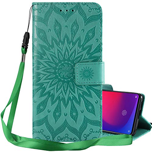 LEMORRY Fundas para Xiaomi Redmi Note 8T Funda Tapa Cuero Billetera Estuches Bolsa Flip Cover Monederos Tarjeteros Piel Protector Magnética Suave TPU Silicona Carcasa Redmi Note 8T, Flor (Verde)