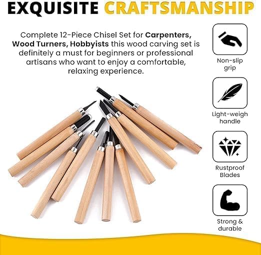 Image of Deziine12Pc Professional Carving Chisel Set, Carbon Steel Wood Carving Tools, Woodworking Chisels Wood Chisel Kits for Carving Woodworking Beginners & Kids