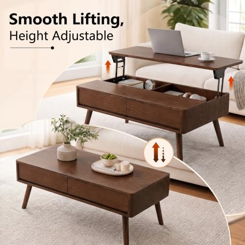 Image of Solid Oak Wood Lift Top Coffee Table for Living Room, Fully-Assembled